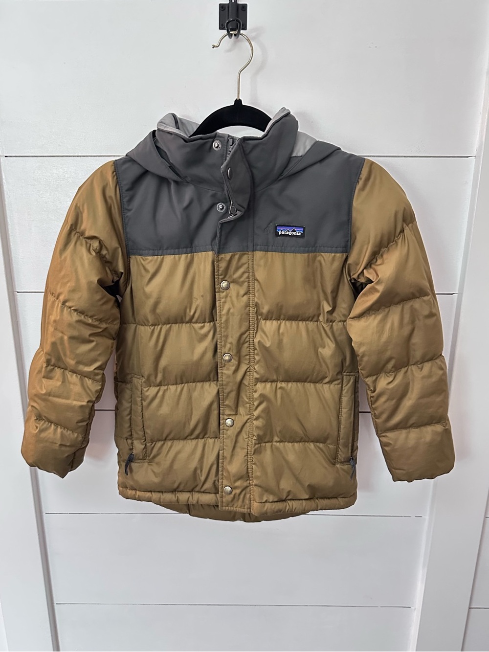 Patagonia Kids' 7-8 brown colorblock down Puffer hooded Jacket gorpcore outdoor